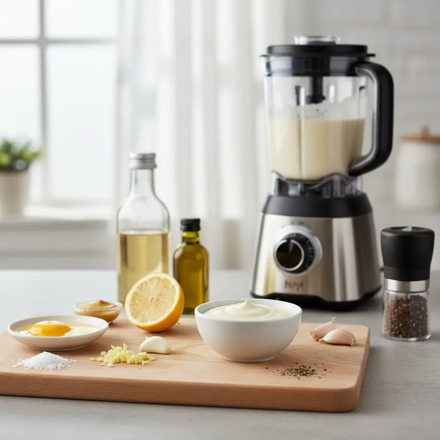 Huisgemaakte romige aioli in blender met citroen en knoflook