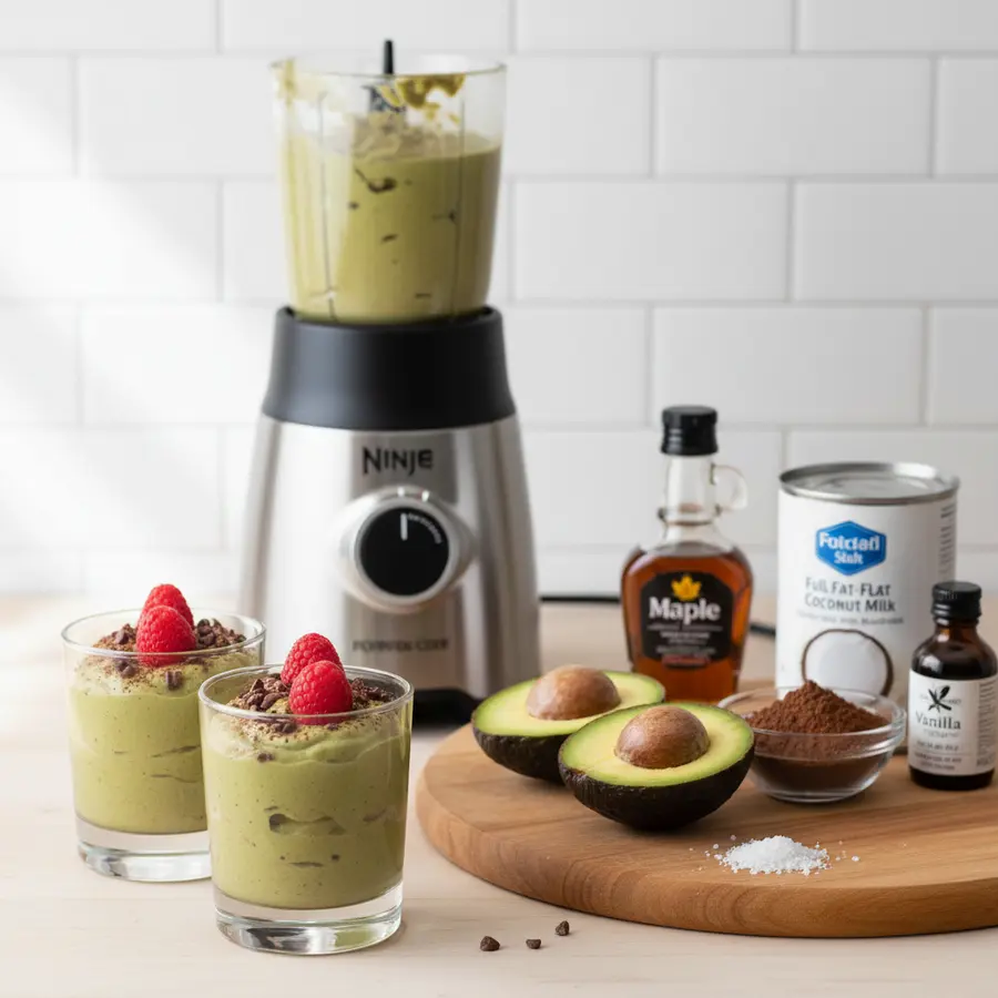 Romige vegan avocado chocolademousse in glas met cacaonibs