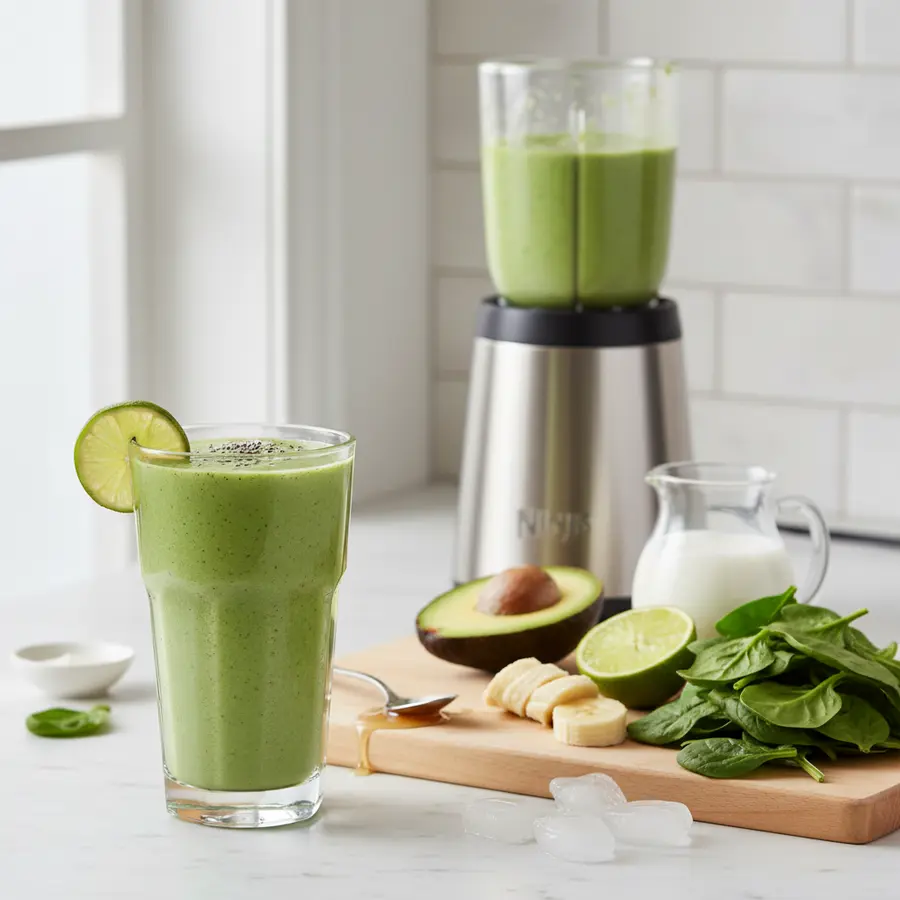 Romige groene avocado-spinazie smoothie met banaan en limoen