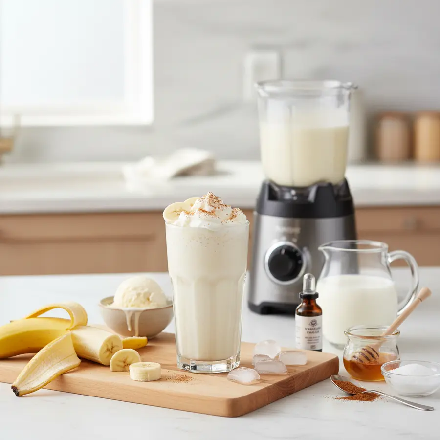 Romige bananenmilkshake met vanille-ijs in glas