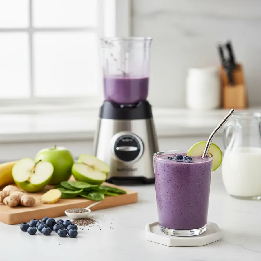 Blauwe bes-appel smoothie in twee glazen, romig en vers
