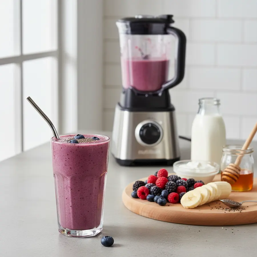 Bosvruchten smoothie met banaan en yoghurt in glas