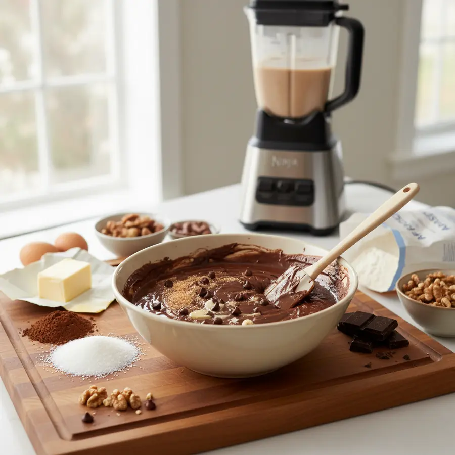 Browniebeslag in blender, snel en glad chocoladebeslag
