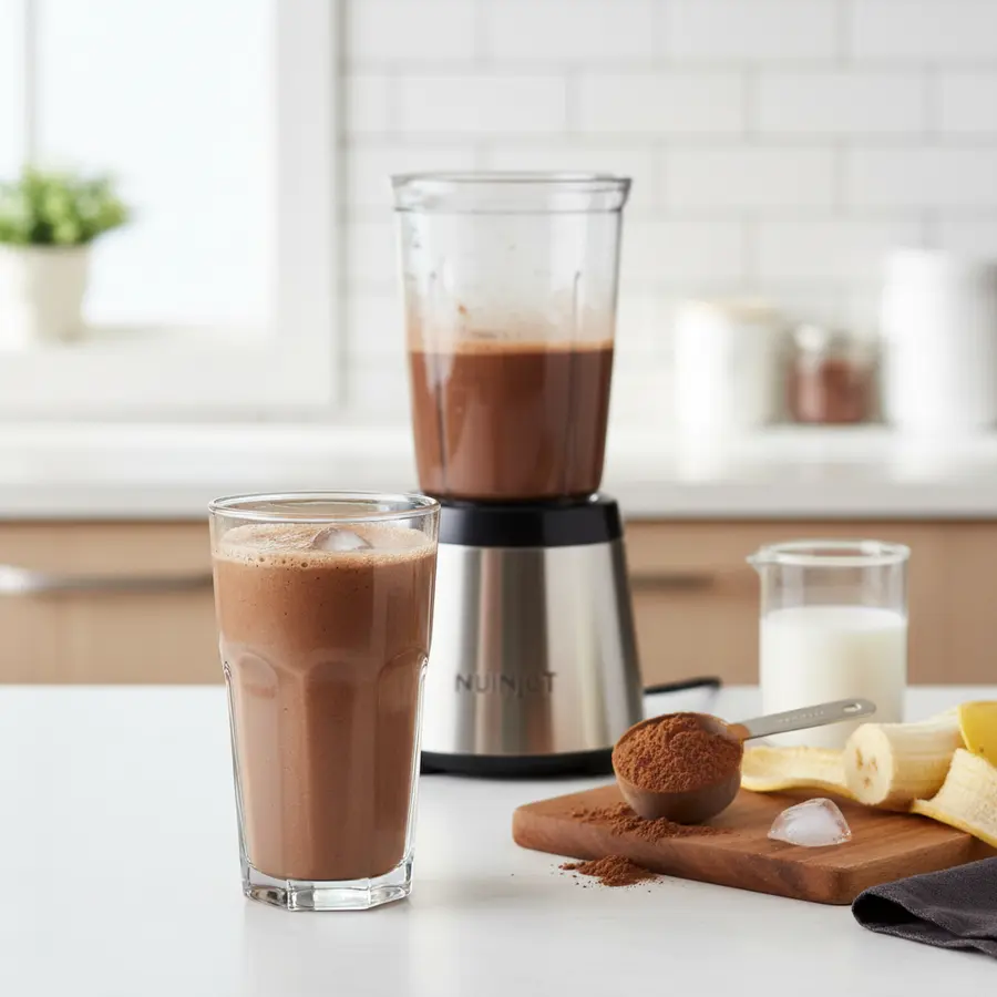 Romige chocolade proteïneshake met banaan en proteïnepoeder