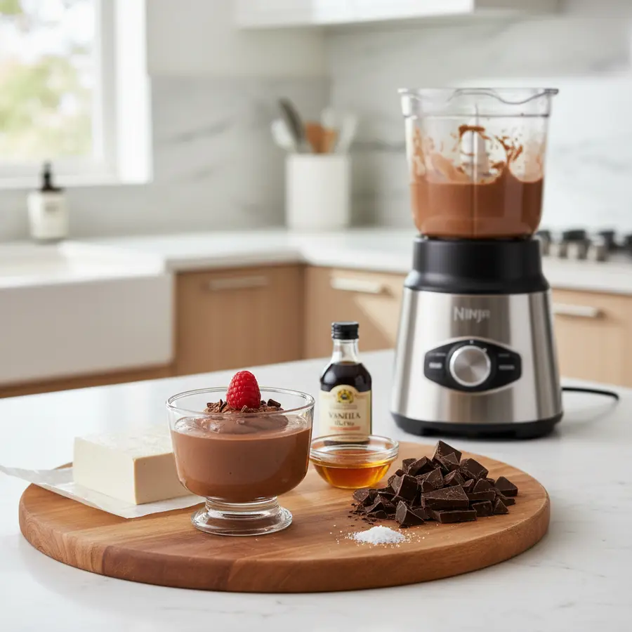 Romige chocolademousse van silken tofu met cacaopoeder en frambozen
