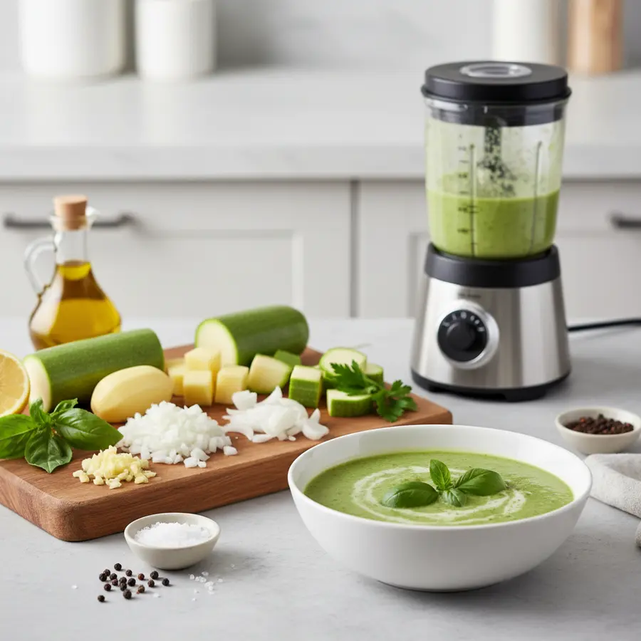 romige courgettesoep in kom met yoghurt en pompoenpitten