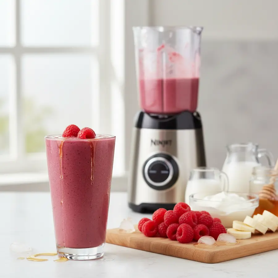 Framboos-yoghurt smoothie in glas met frambozen en banaanstukjes
