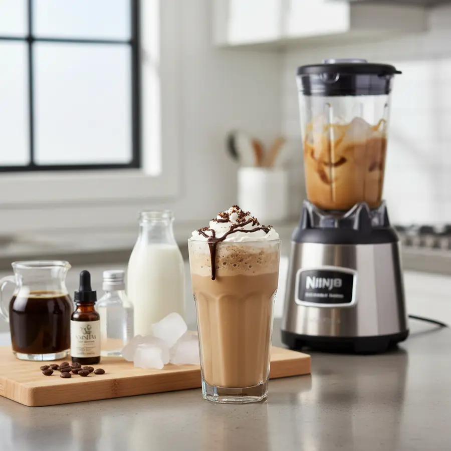 Frappuccino-ijskoffie met slagroom en karamelsaus, gemaakt in blender