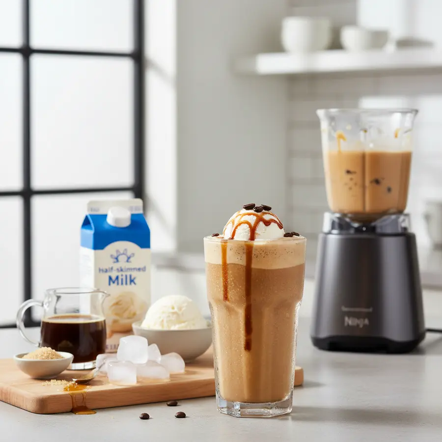 Romige ijskoffie shake met vanille-ijs en slagroom