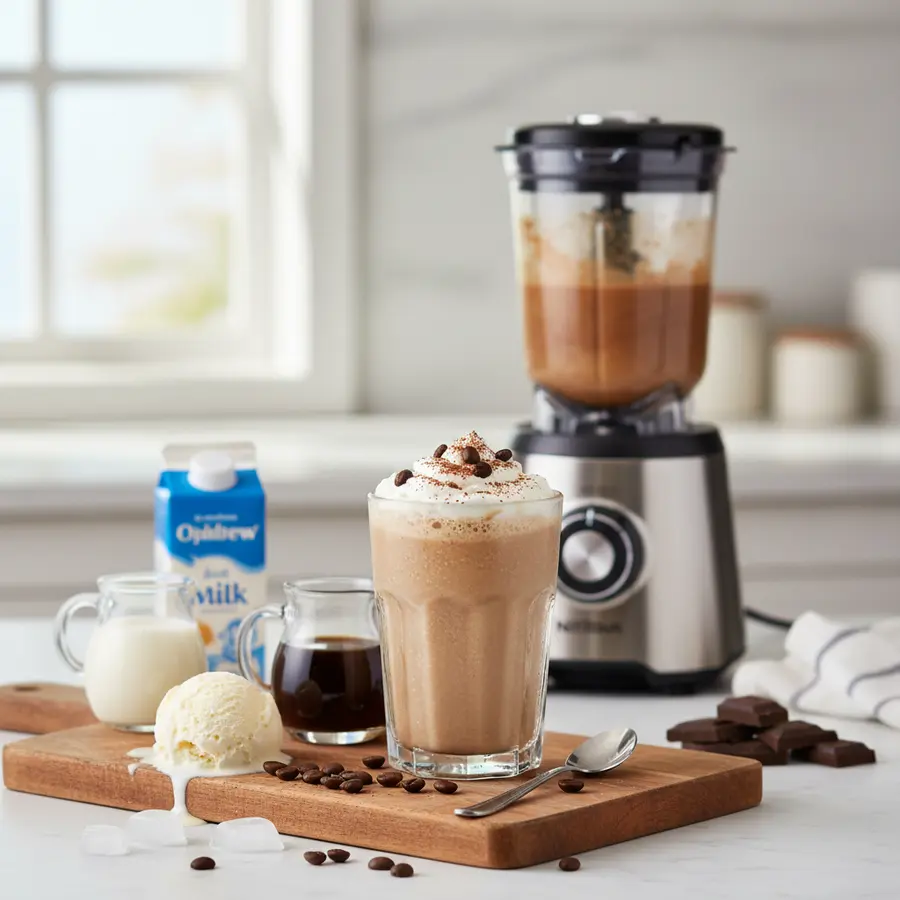 Koffieshake met vanille-ijs in twee glazen en cacaopoeder