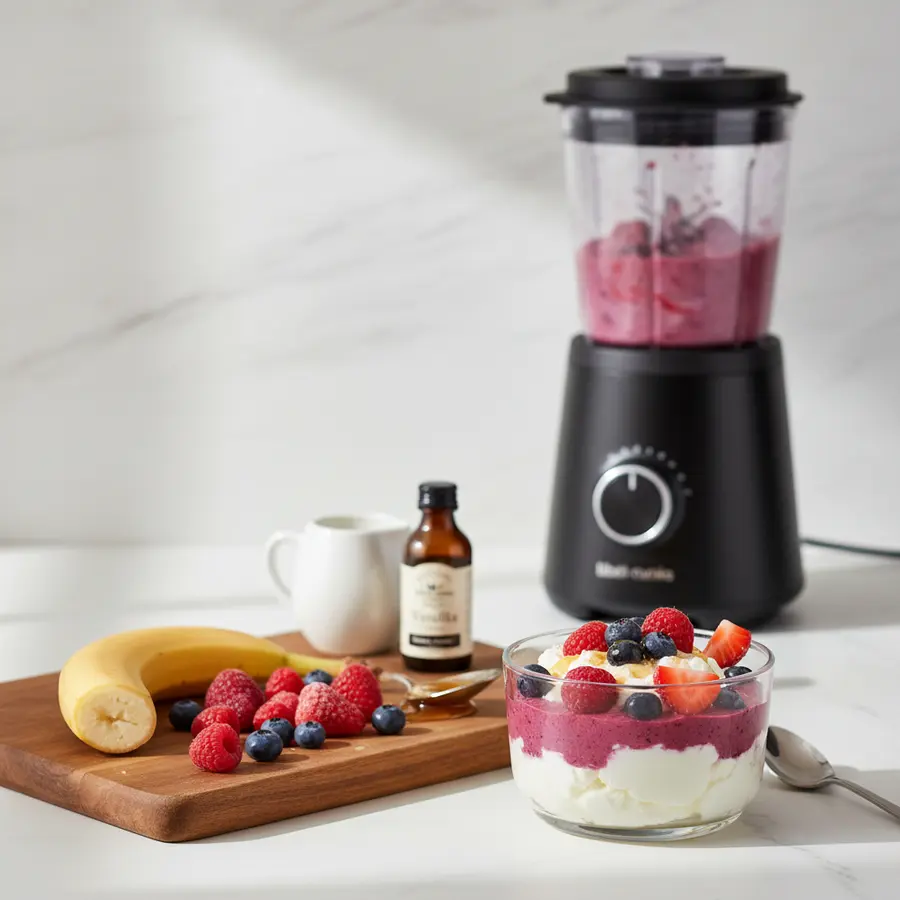 Twee romige kwark-fruit kommen met granola, verse bessen en banaan