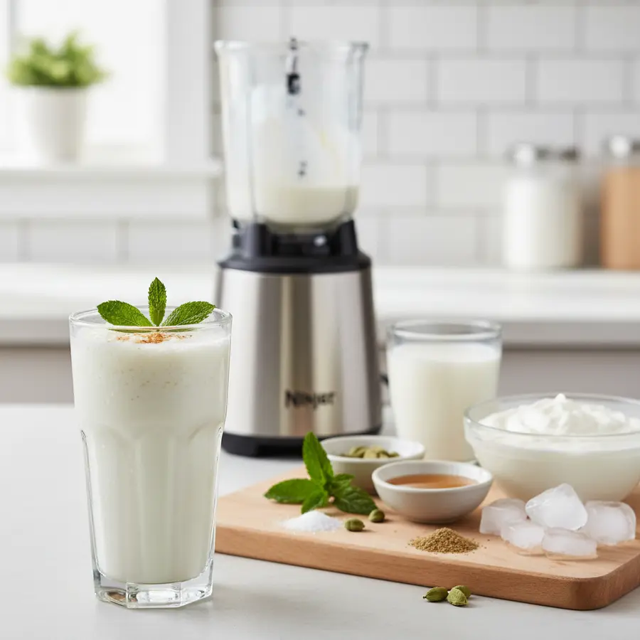 Glazen romige Indiase lassi met kardemom en munt