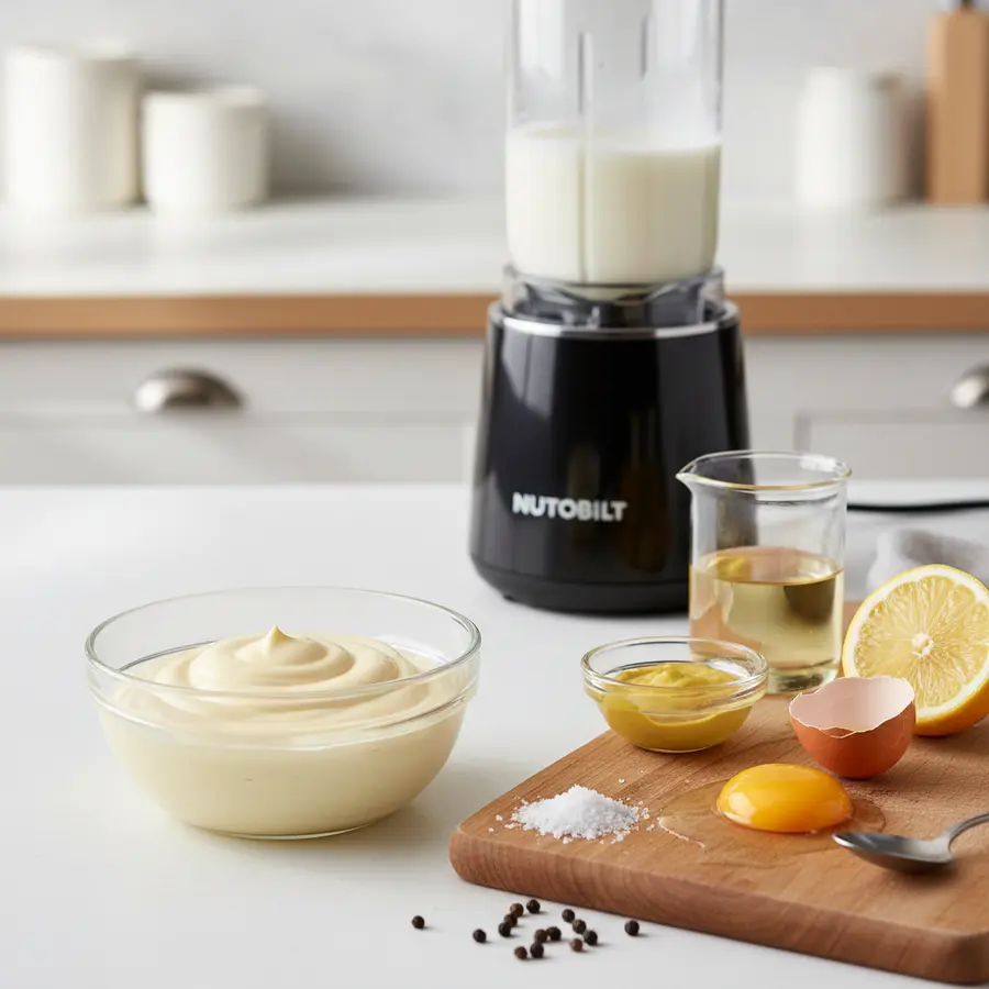 Romige mayonaise in pot, gemaakt met mini blender