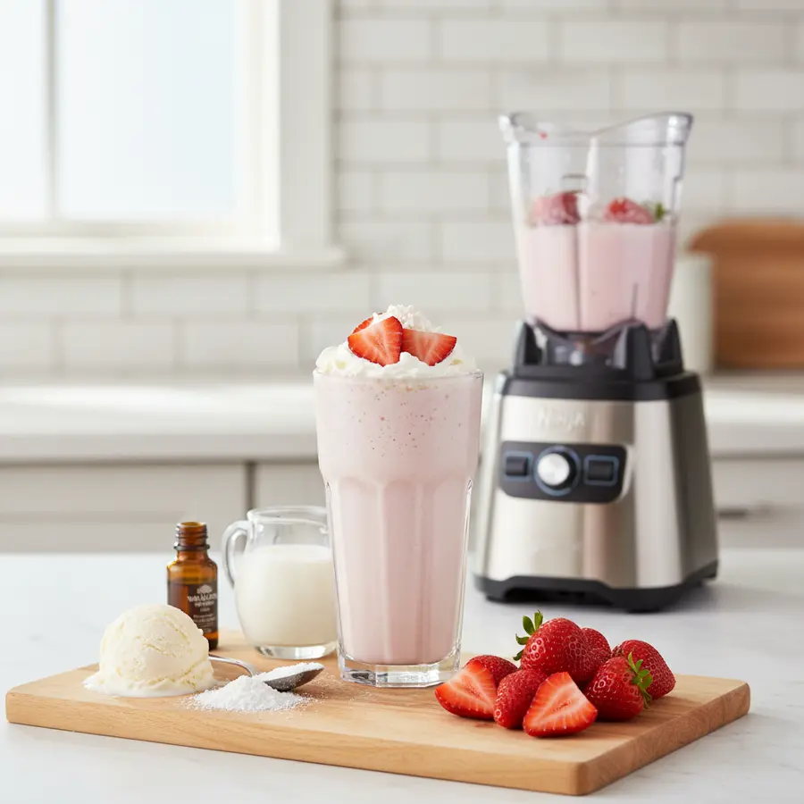 Romige aardbeienmilkshake met slagroom en halve aardbei
