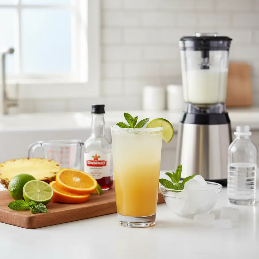 Tropische alcoholvrije mocktail met ananas, sinaasappel en kokoswater, gegarneerd met munt