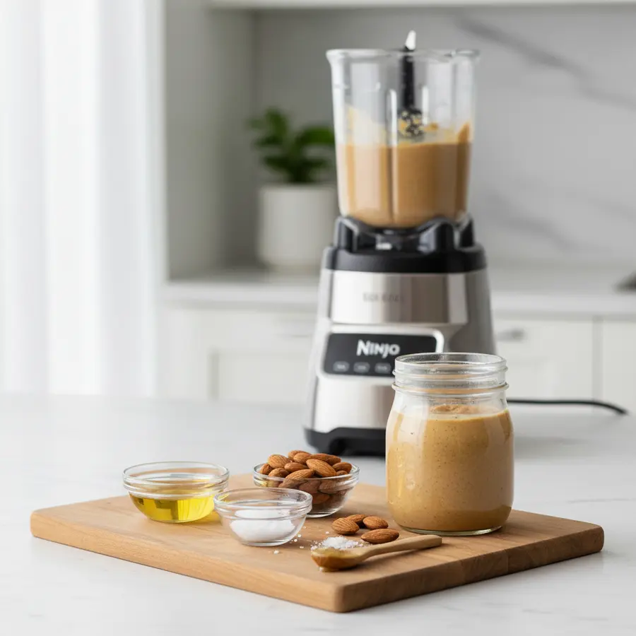Romige amandelpasta in glas gemaakt met blender