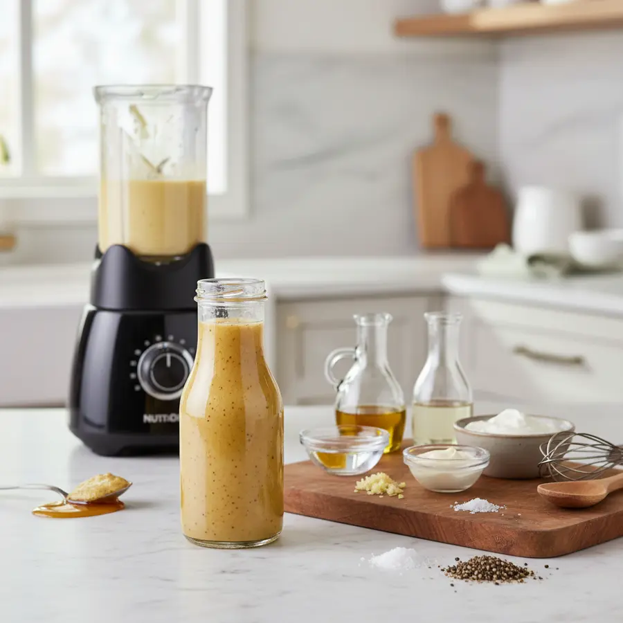 Romige honing-mosterd dressing in glazen pot met lepel