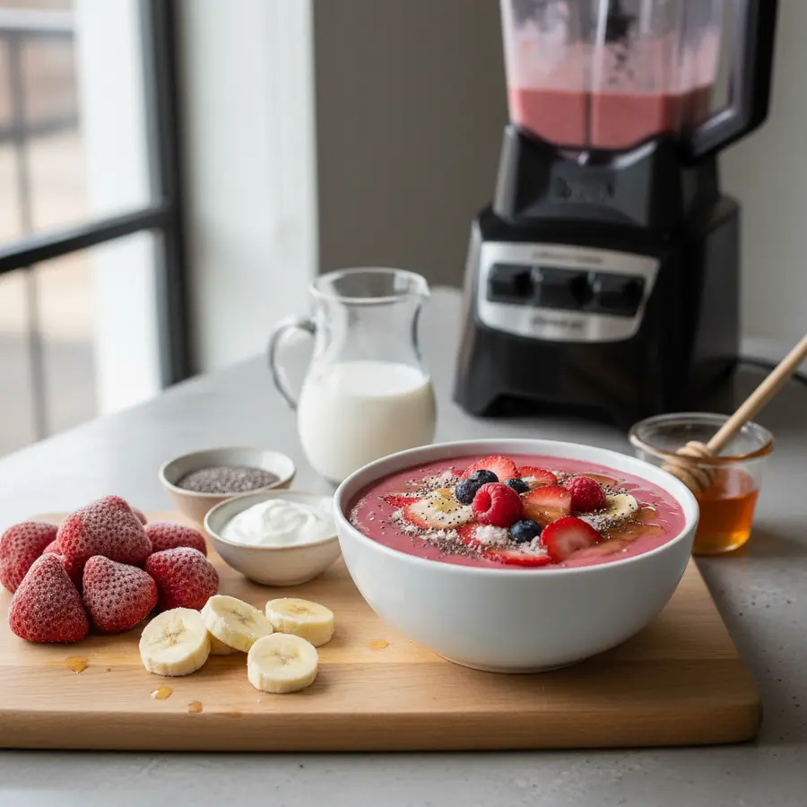 Romige aardbei smoothie bowl met granola en verse toppings