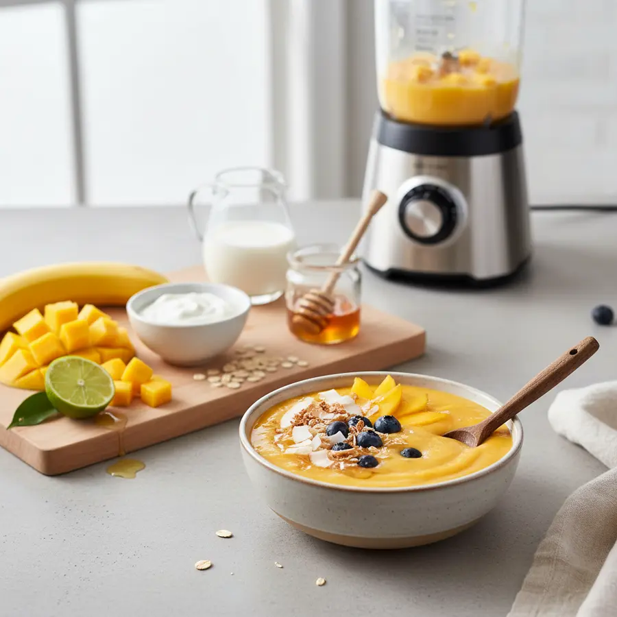 Mango smoothiebowl met banaan, granola, chia en geraspte kokos