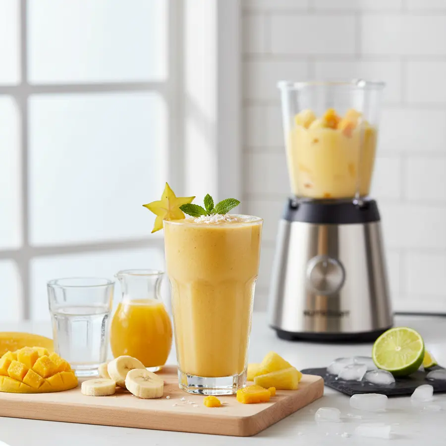 Romige tropische smoothie met mango, ananas en banaan
