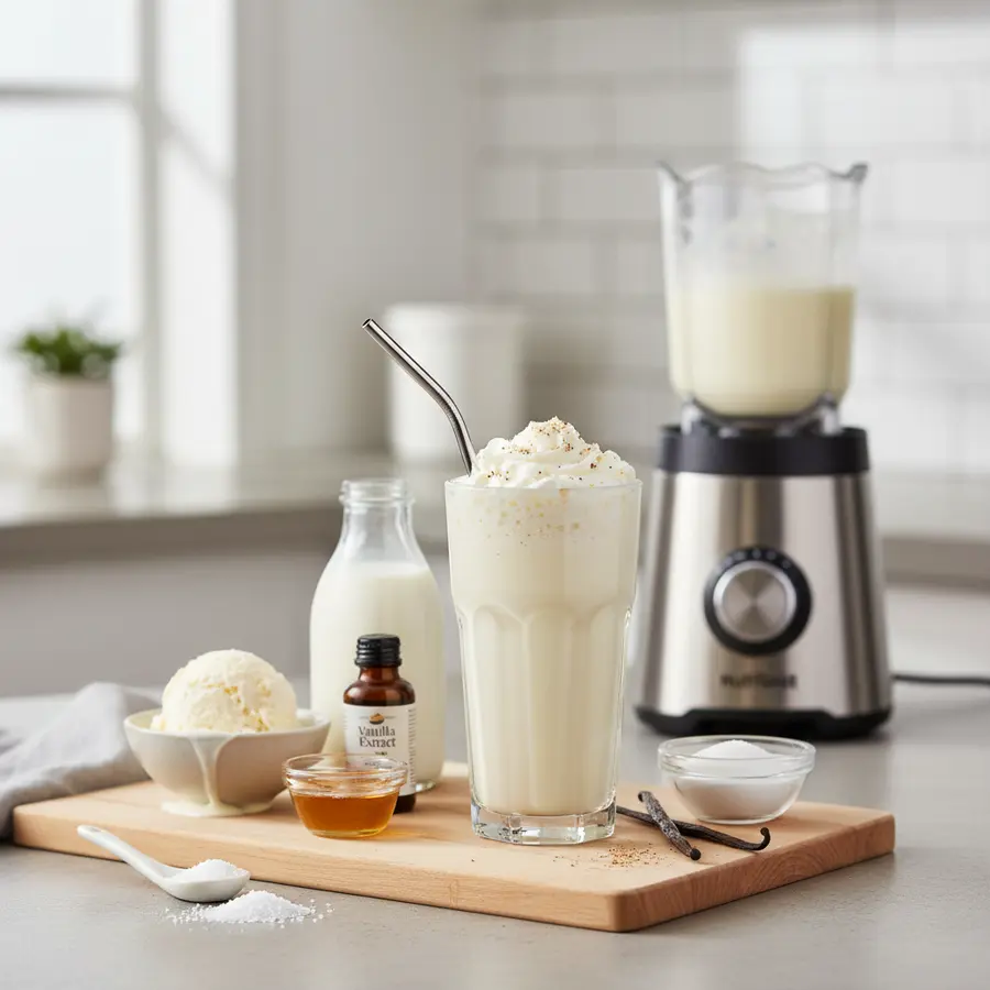 Romige vanille milkshake in glas met slagroom en chocoladerasp