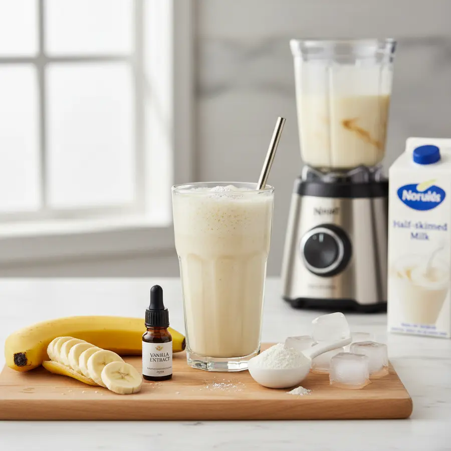 Romige vanille proteïneshake met banaan en ijsblokjes