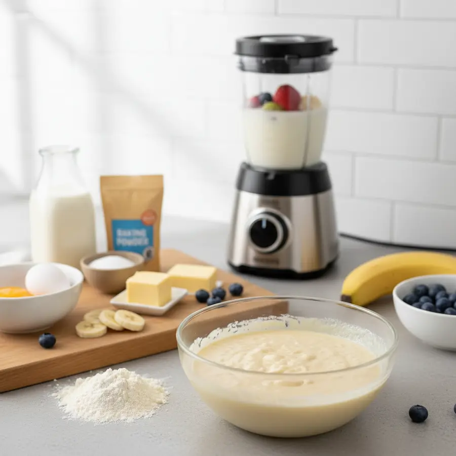 Wafelbeslag in blender met ingrediënten voor krokante wafels