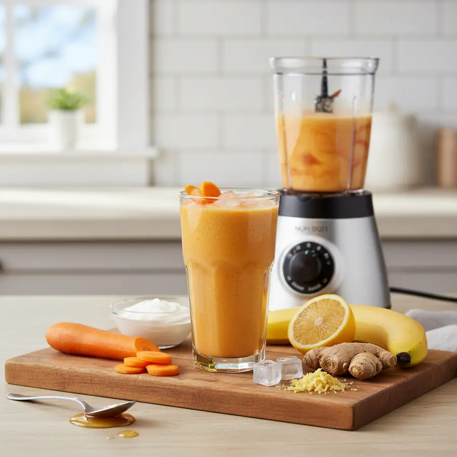 Wortel-sinaasappel smoothie in glas met sinaasappelpartje