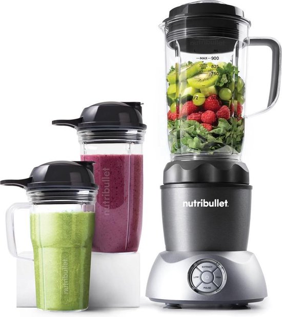 Nutribullet Select Blender - Complete 10-delige Set - Incl. Mixing Accessoires - Incl. 900 ml Schenkkan en 2 Drinkbekers - Voor Warme en Koude Bereidingen - 1000 Watt - Grijs