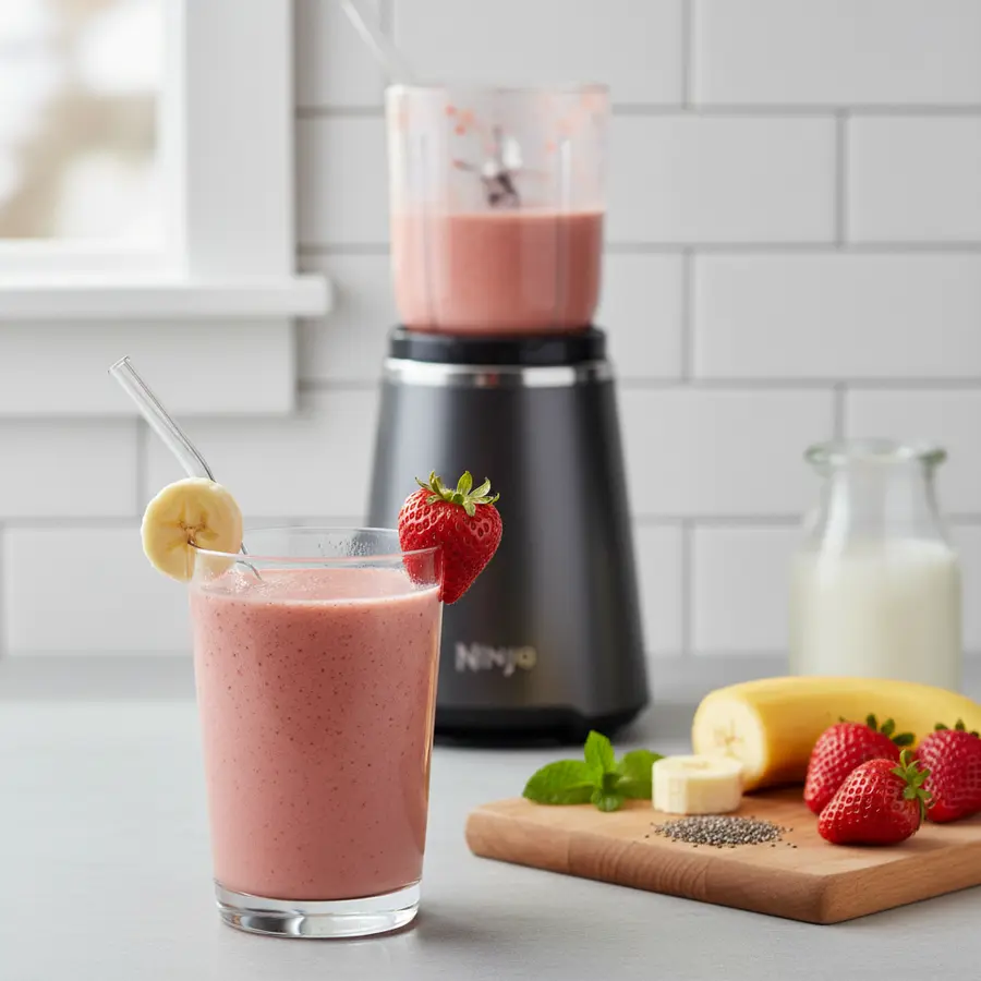 Romige aardbei-banaan smoothie in twee glazen