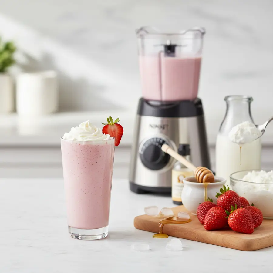 Romige aardbei-kwark proteïne shake in glas