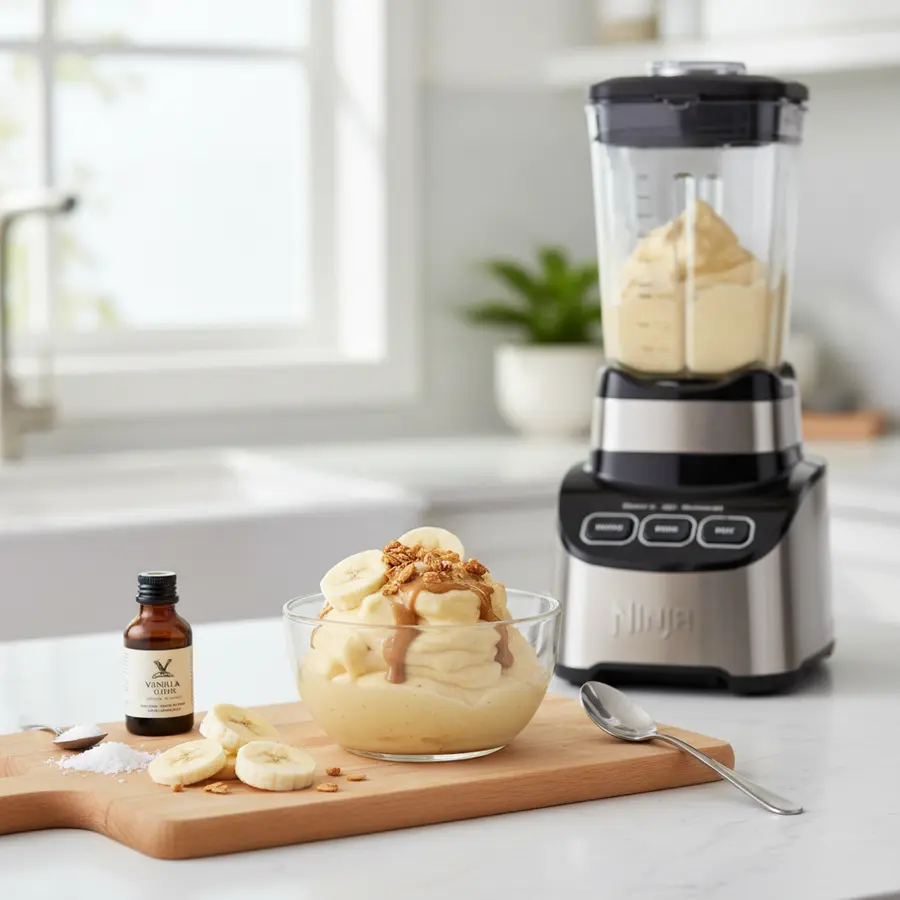 Romig banaanenijs (nice cream) in kom met noten