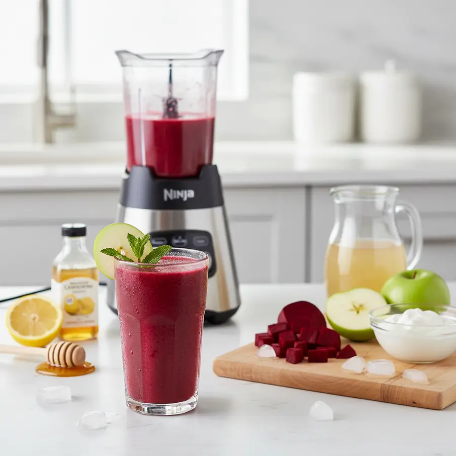 Rode bieten-appel smoothie in glas met ijsblokjes