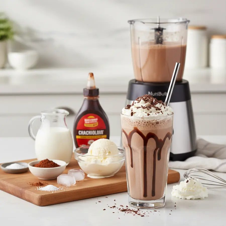 Romige chocolademilkshake in glas met slagroom en geraspte chocolade