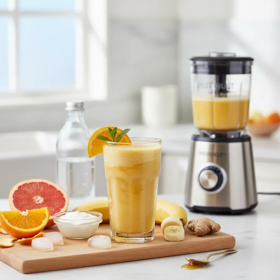 Citrus smoothie in glas met sinaasappel, grapefruit en banaan