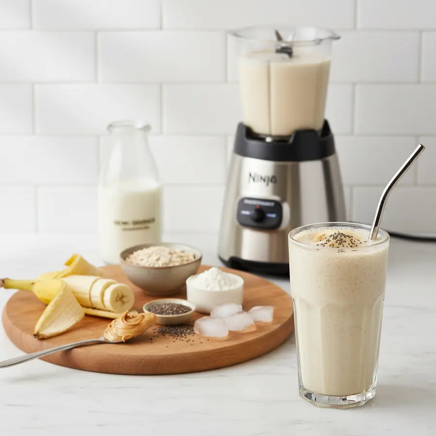 Romige eiwitrijke ontbijtshake met banaan, havermout en pindakaas