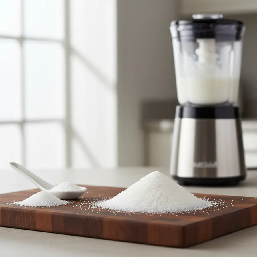 Glazen pot met zelfgemaakte poedersuiker naast miniblender