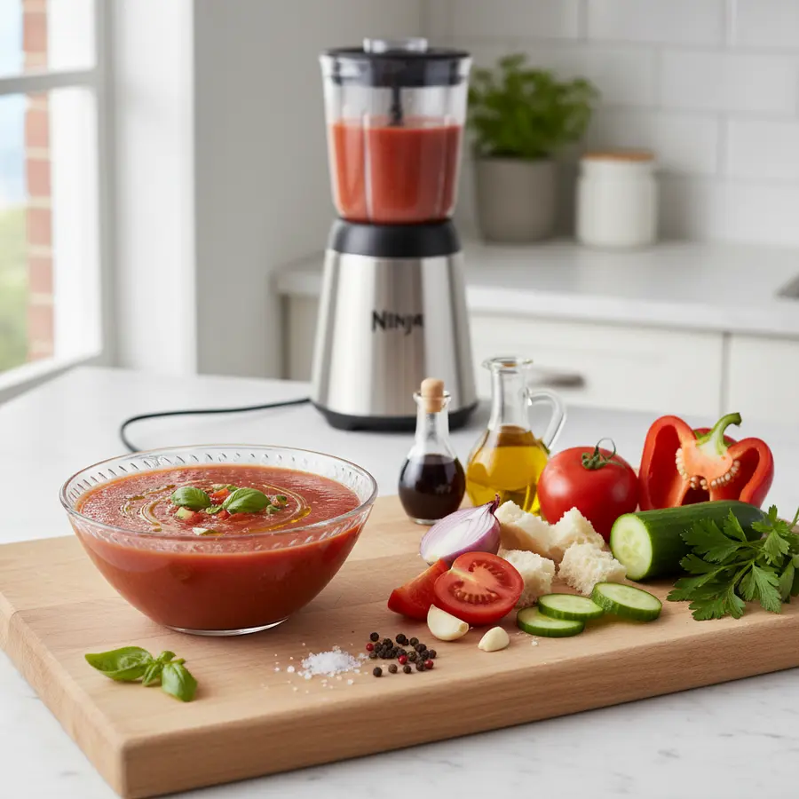 Koude gazpacho tomatensoep met kruiden in kom