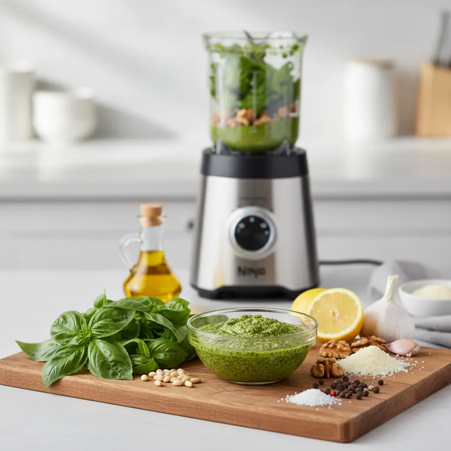 Romige groene pesto met basilicum, pijnboompitten en Parmezaanse kaas