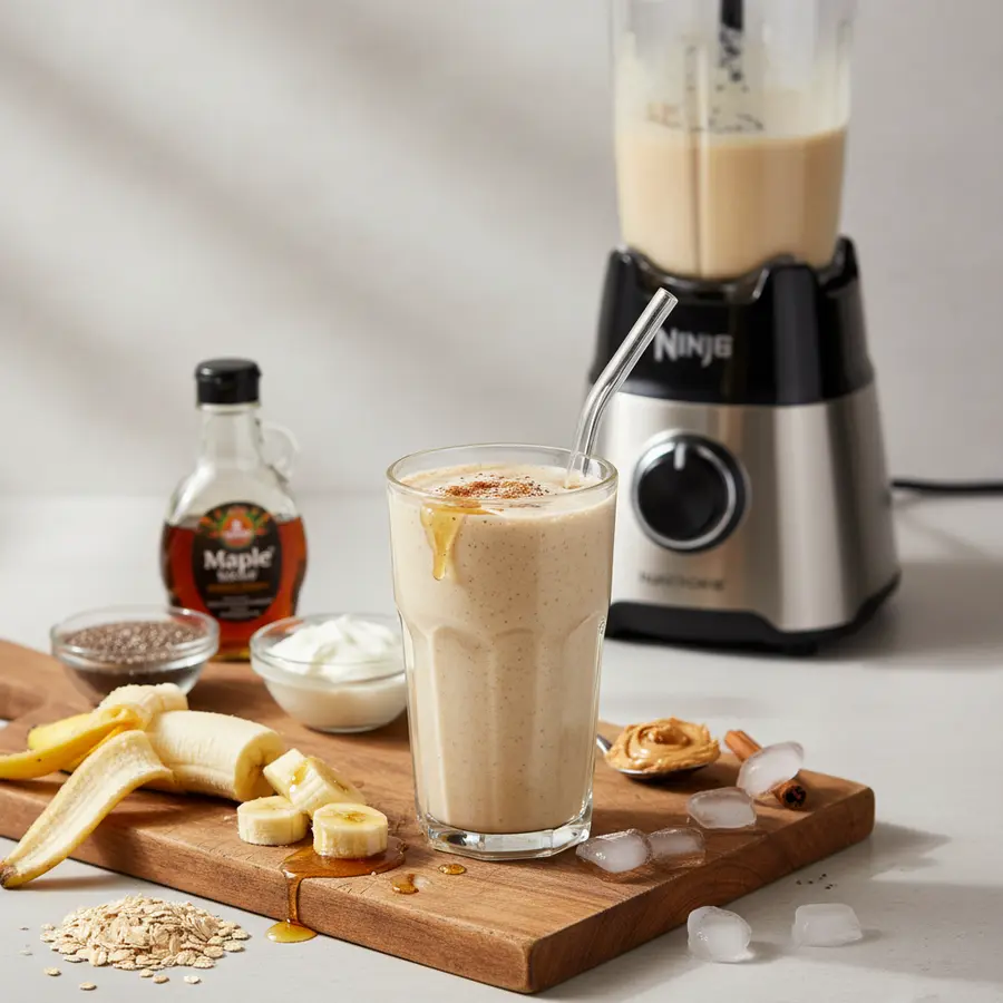 Romige havermout smoothie bowl met banaan, yoghurt, pindakaas en chiazaad