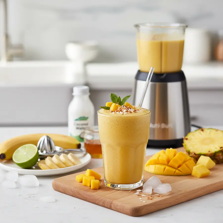 Mango-ananas smoothie met kokoswater en limoen