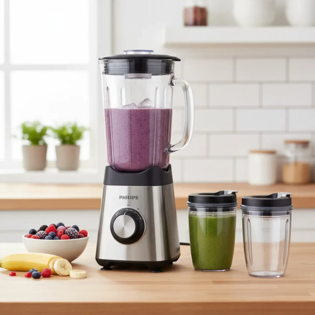 Philips HR3655 compacte blender wit met mengbeker op witte achtergrond