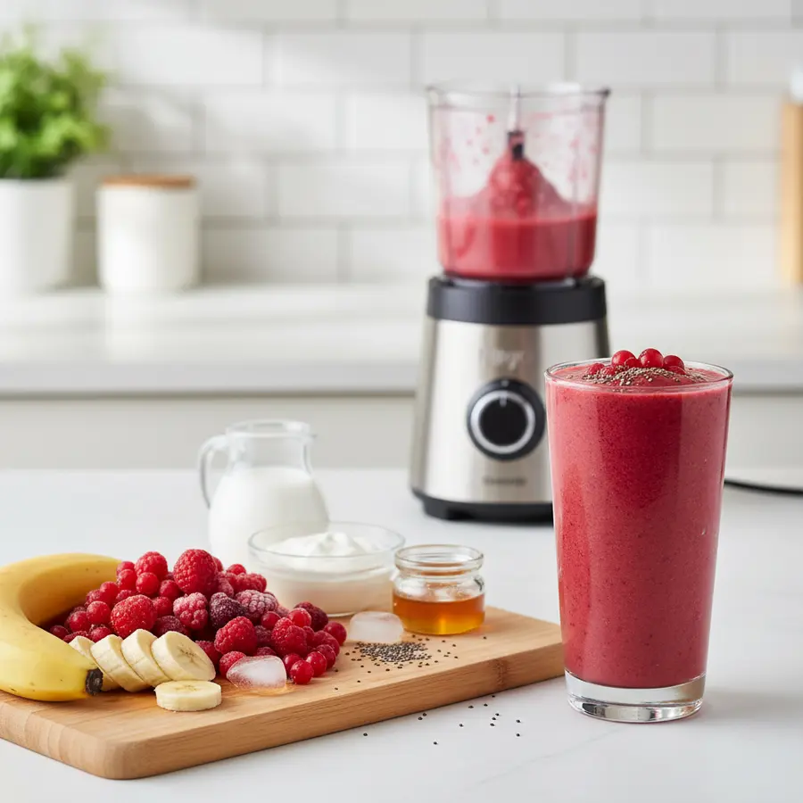 Rode vruchten smoothie met banaan, yoghurt en amandelmelk