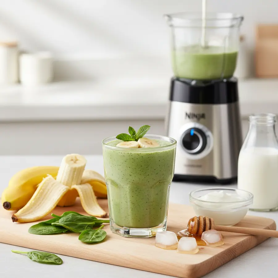 Romige groene spinazie-banaan smoothie in glas