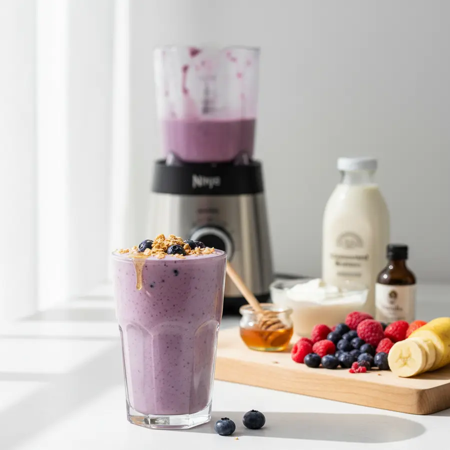 Romige yoghurt-muesli smoothiebowl met muesli, noten en verse bessen
