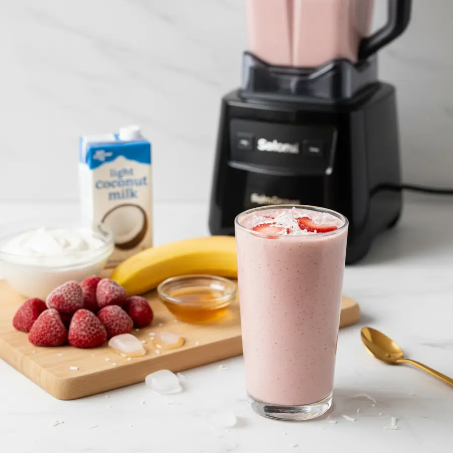 Romige aardbei-kokos smoothie met banaan en kokosmelk