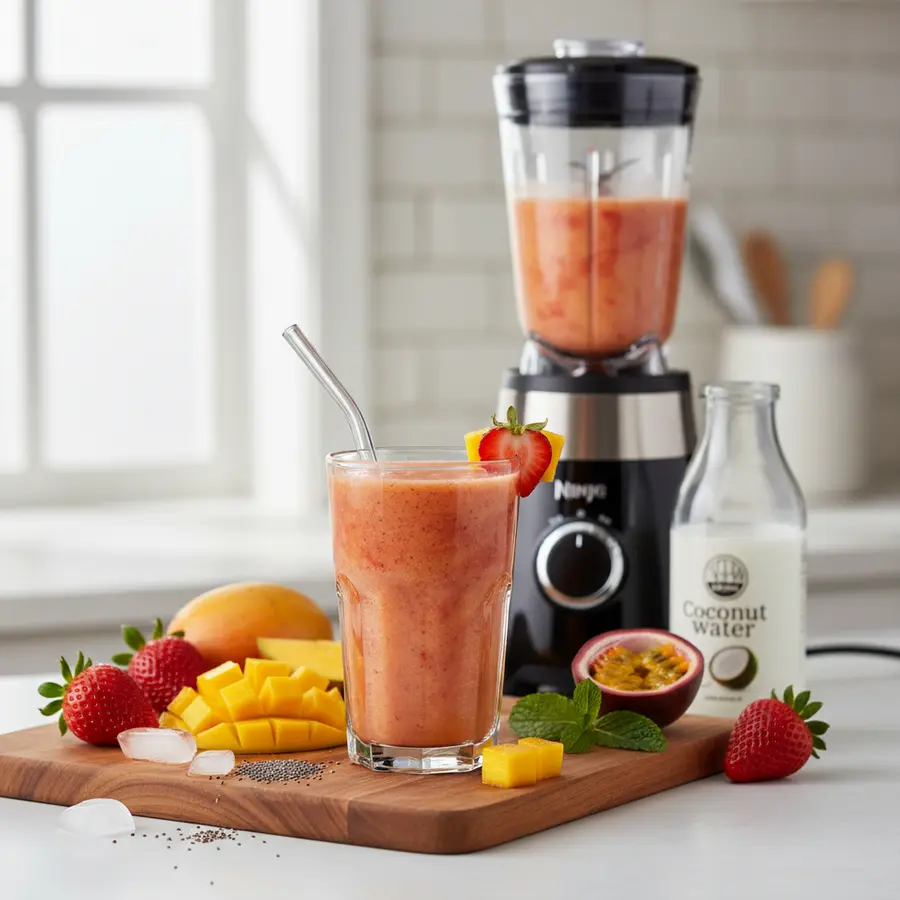 Aardbei-mango smoothie in glas met verse mango en aardbeien