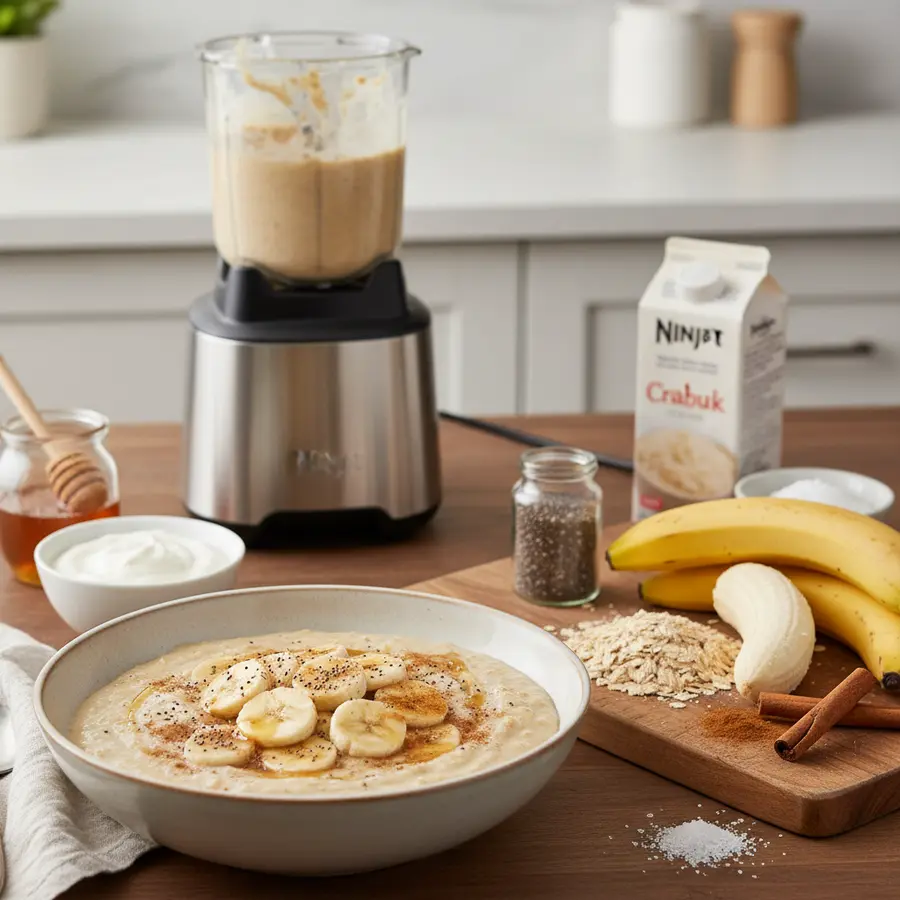 Romige bananen-havermout bowl met granola, bessen en pindakaas