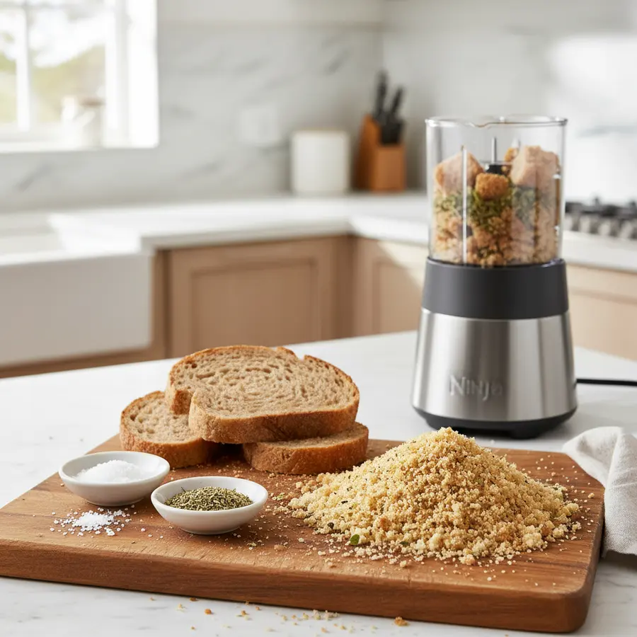 Fijn broodkruim gemaakt in miniblender, klaar als paneermeel