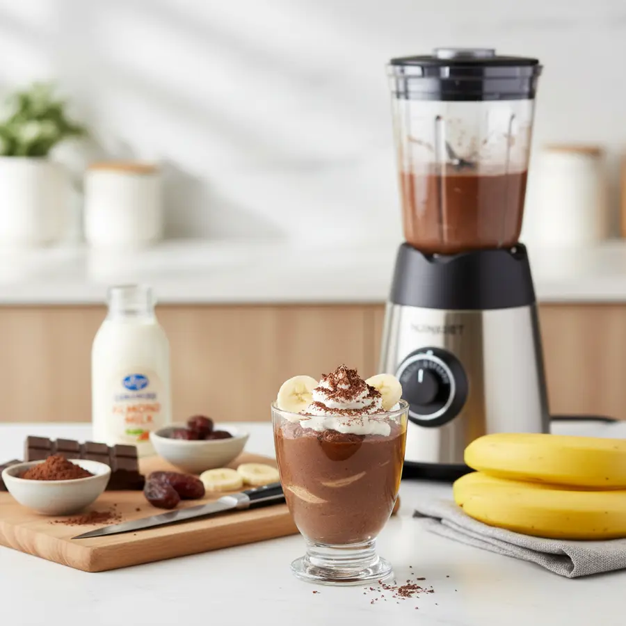 Romige chocolade-banaan mousse in glaasjes, gegarneerd met cacaonibs